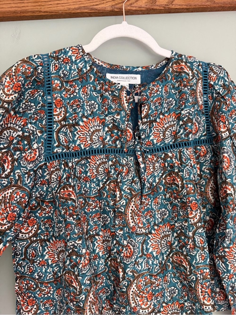 Emerson Fry India Collection "Isla" 100% Silk Teal Rust Paisley Peasant Top - Picture 5 of 15